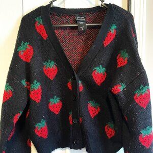 XL Black cardigan with red and green strawberry print